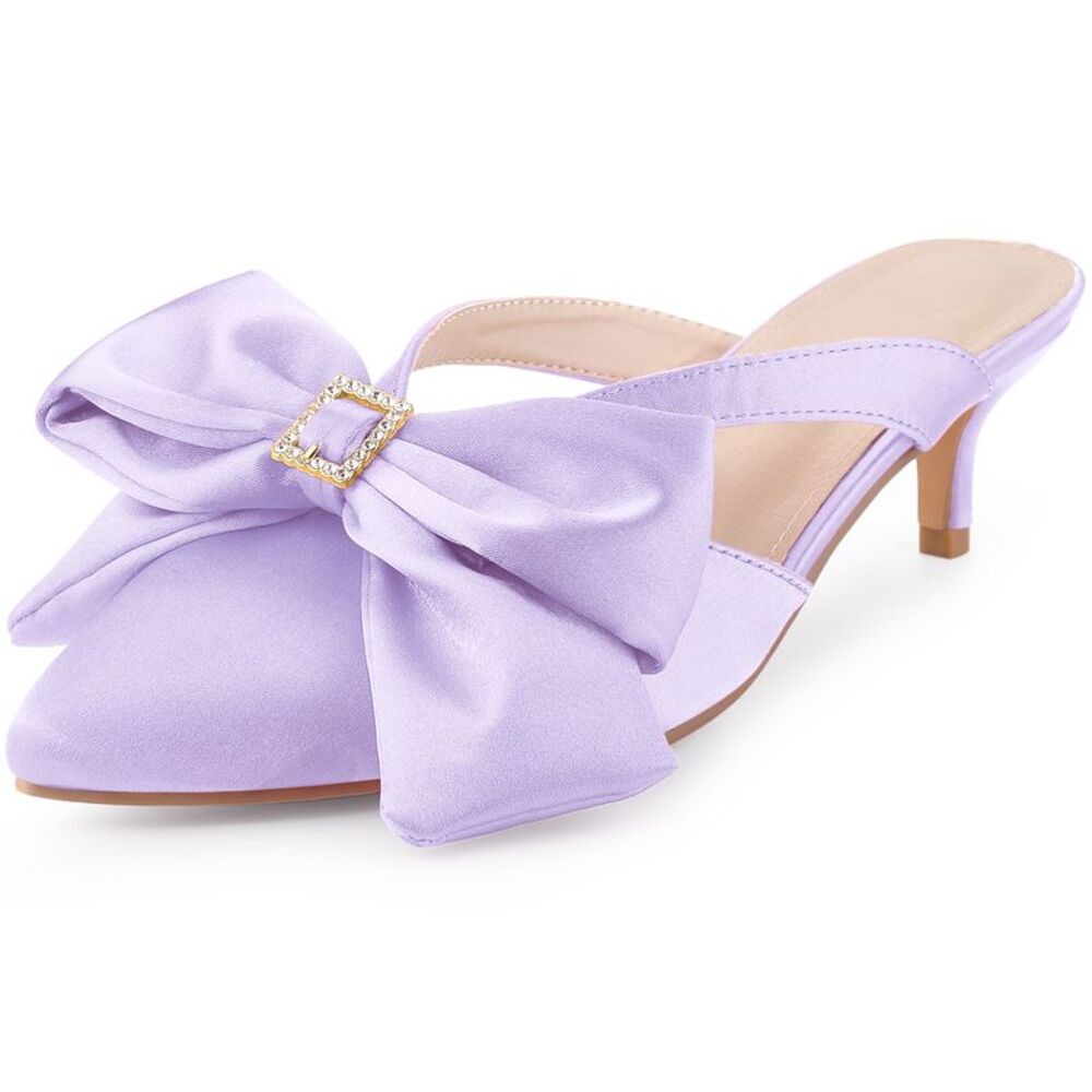 Bow Rhinestones Kitten Heels Satin Slide Mules Purple
